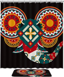 Waterproof Boho Painted Elephant Head Shower Curtain, Geometric Bathroom Decor