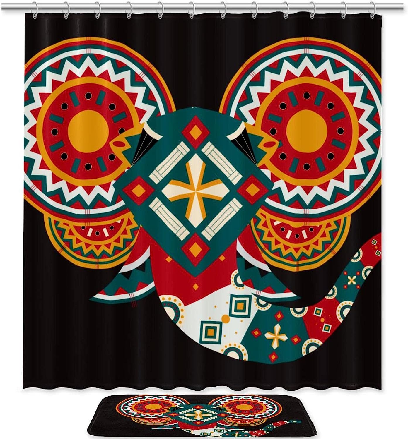 Waterproof Boho Painted Elephant Head Shower Curtain, Geometric Bathroom Decor