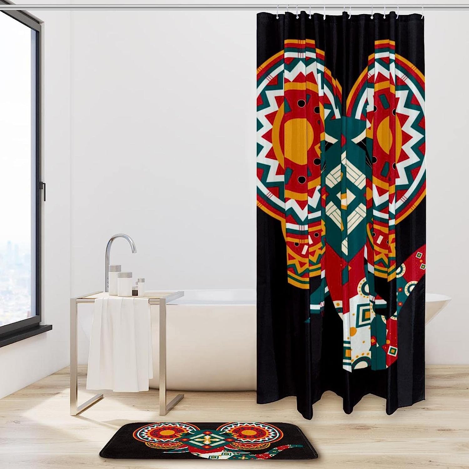 Waterproof Boho Painted Elephant Head Shower Curtain, Geometric Bathroom Decor