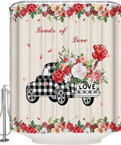 Waterproof Buffalo Check Plaid Truck With Rose Flower Shower Curtain For Bathroom On Valentine'S Day