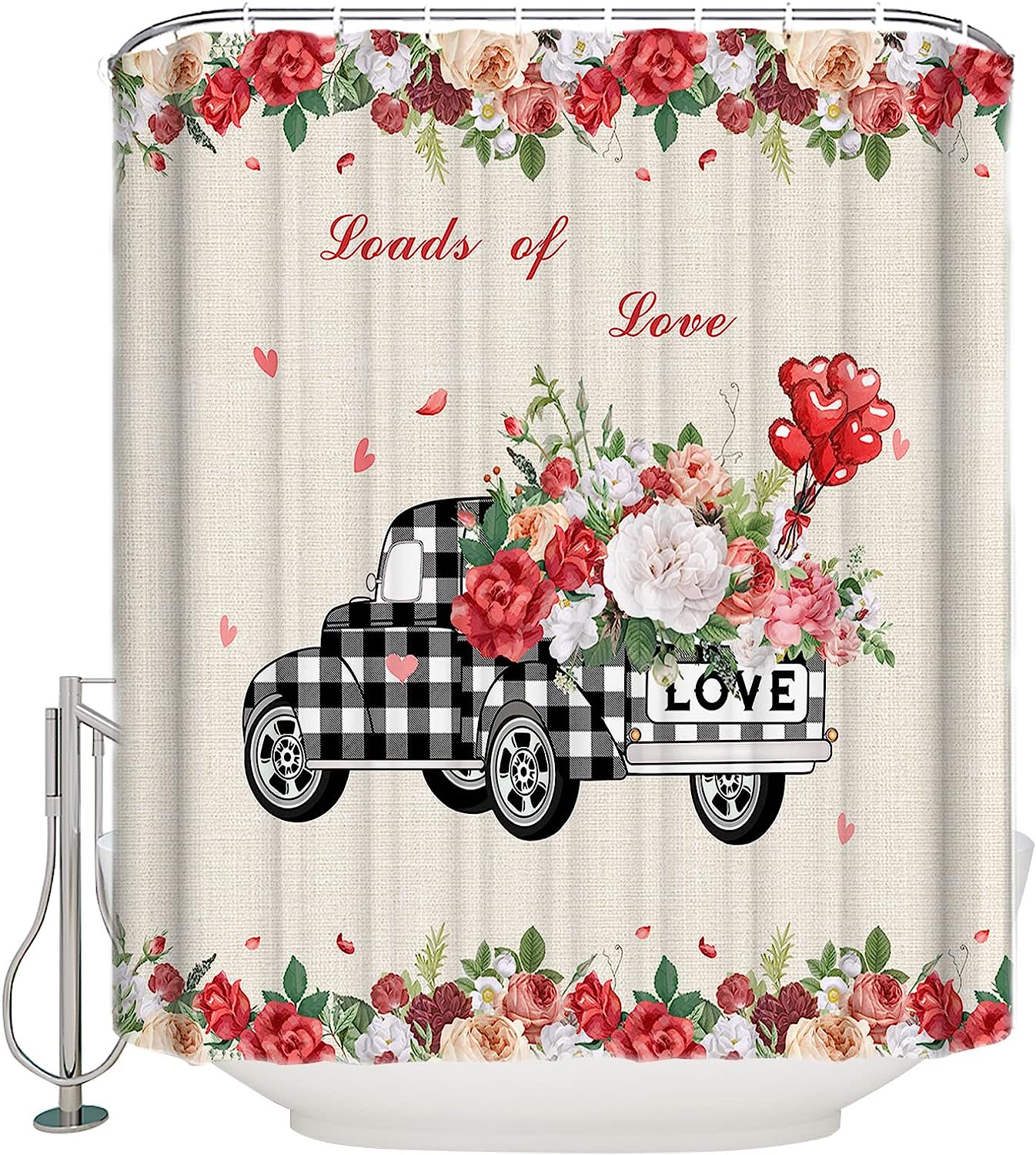 Waterproof Buffalo Check Plaid Truck With Rose Flower Shower Curtain For Bathroom On Valentine'S Day