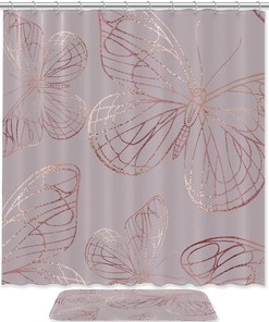 Waterproof Butterfly And Rose Gold Bathroom Curtains With Bath Set Accessories And Hooks
