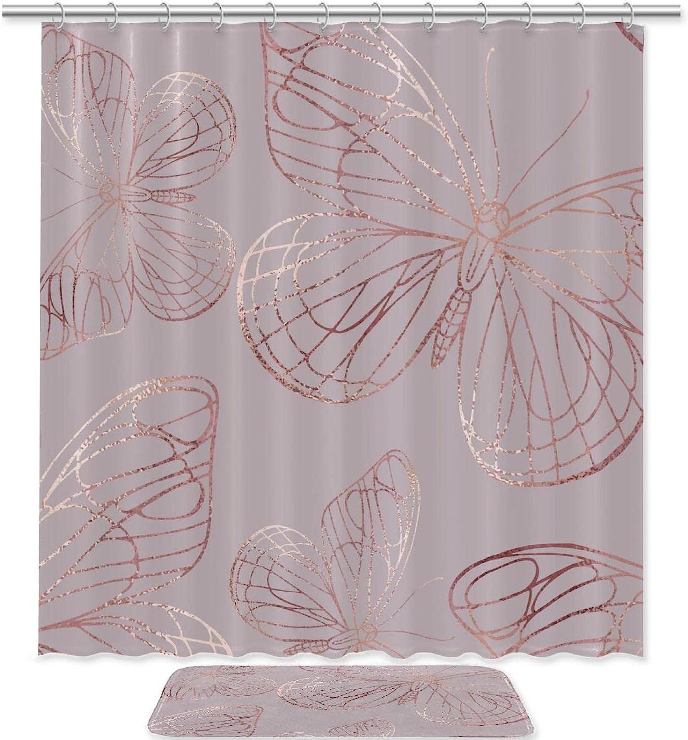 Waterproof Butterfly And Rose Gold Bathroom Curtains With Bath Set Accessories And Hooks