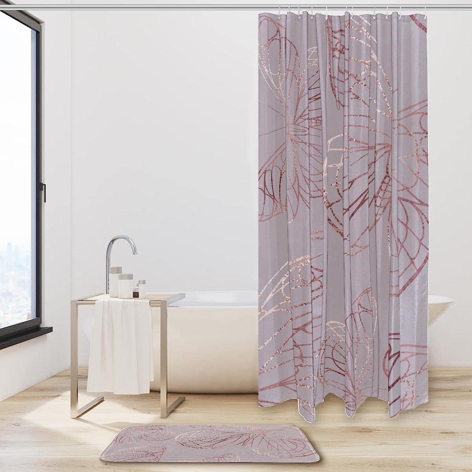 Waterproof Butterfly And Rose Gold Bathroom Curtains With Bath Set Accessories And Hooks - Image 2