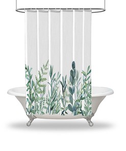 Waterproof Buttonhole Shower Drapes With Botanical Artistic Leafs For Green Eucalyptus Bathroom Decor 