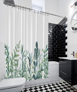 Waterproof Buttonhole Shower Drapes With Botanical Artistic Leafs For Green Eucalyptus Bathroom Decor 