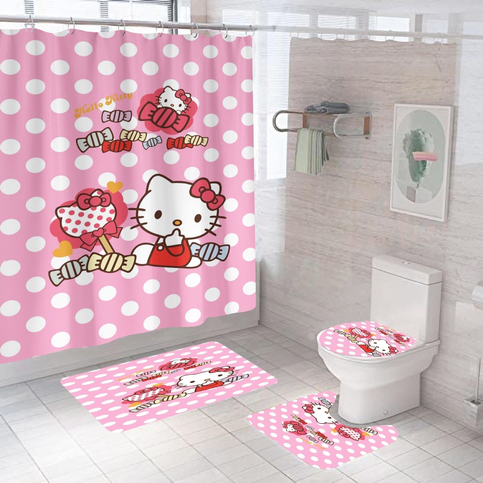 Waterproof Candy Hello Kitty Shower Curtain, Cute Design Perfect For Any Children'S Bathroom