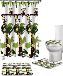 Waterproof Cartoon Monkey on Banana Trees Shower Curtain for Bathroom Decor
