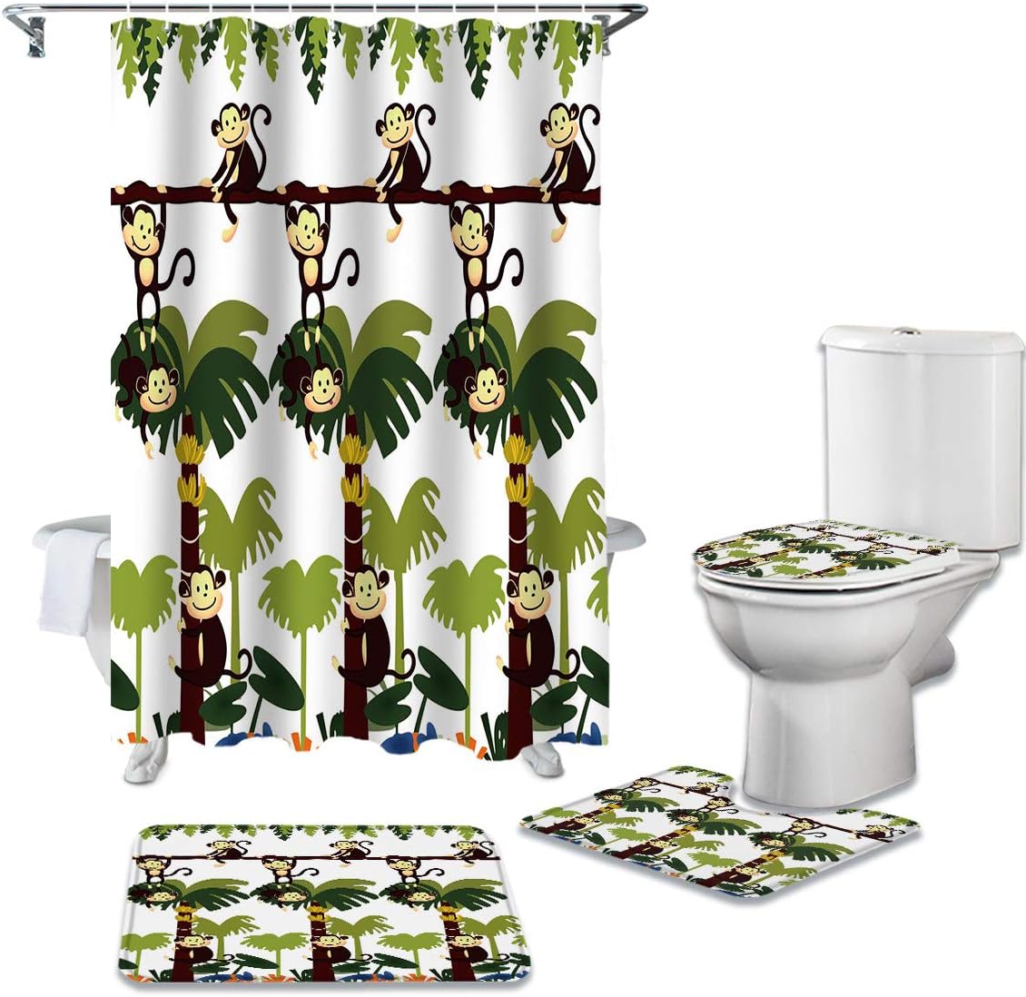 Waterproof Cartoon Monkey on Banana Trees Shower Curtain for Bathroom Decor