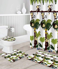 Waterproof Cartoon Monkey on Banana Trees Shower Curtain for Bathroom Decor