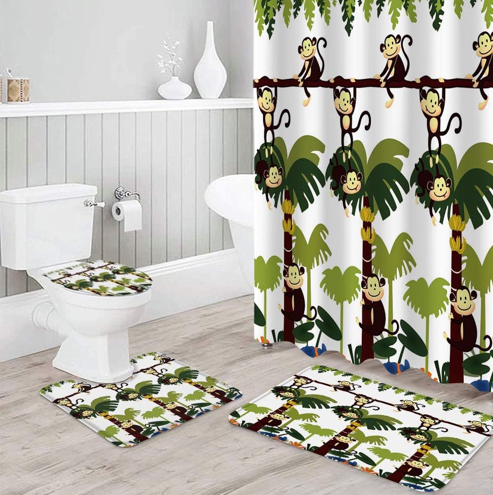 Waterproof Cartoon Monkey on Banana Trees Shower Curtain for Bathroom Decor