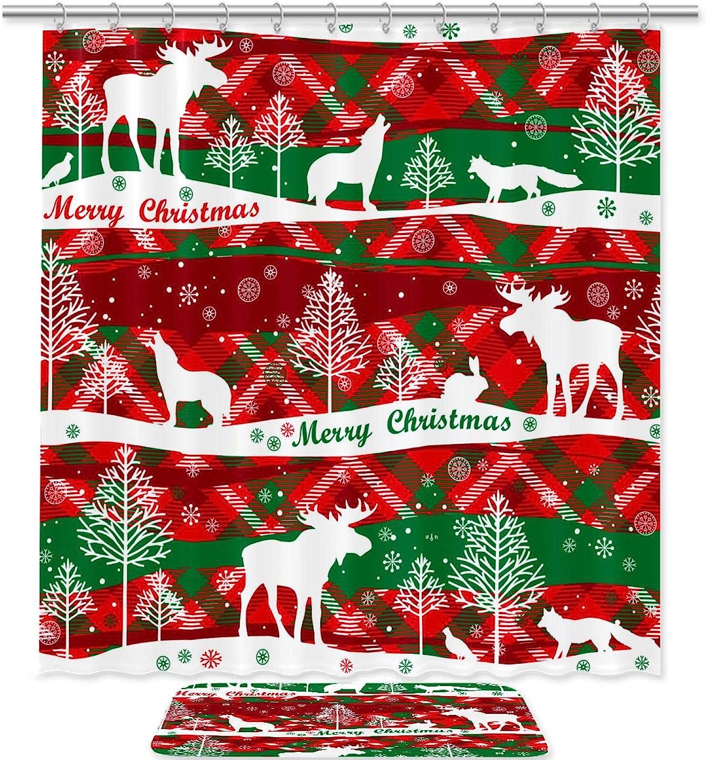 Waterproof Christmas Pattern With Animals Featuring Deer, Wolf, And Elk Print Shower Curtain For Bathroom Decor