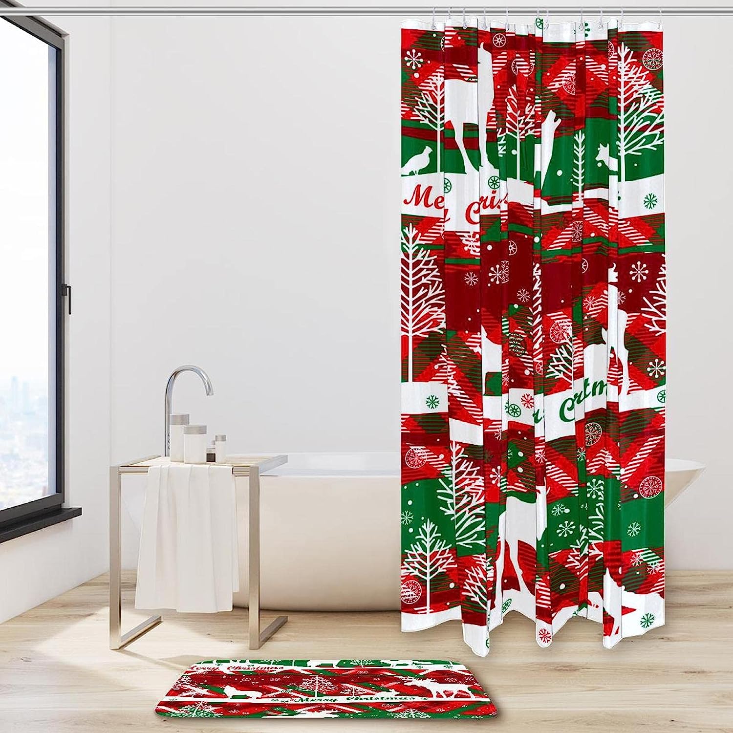 Waterproof Christmas Pattern With Animals Featuring Deer, Wolf, And Elk Print Shower Curtain For Bathroom Decor - Image 2
