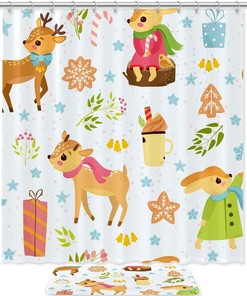 Waterproof Christmas Pattern With Deers Print Shower Curtain For Festive Bathroom Decor