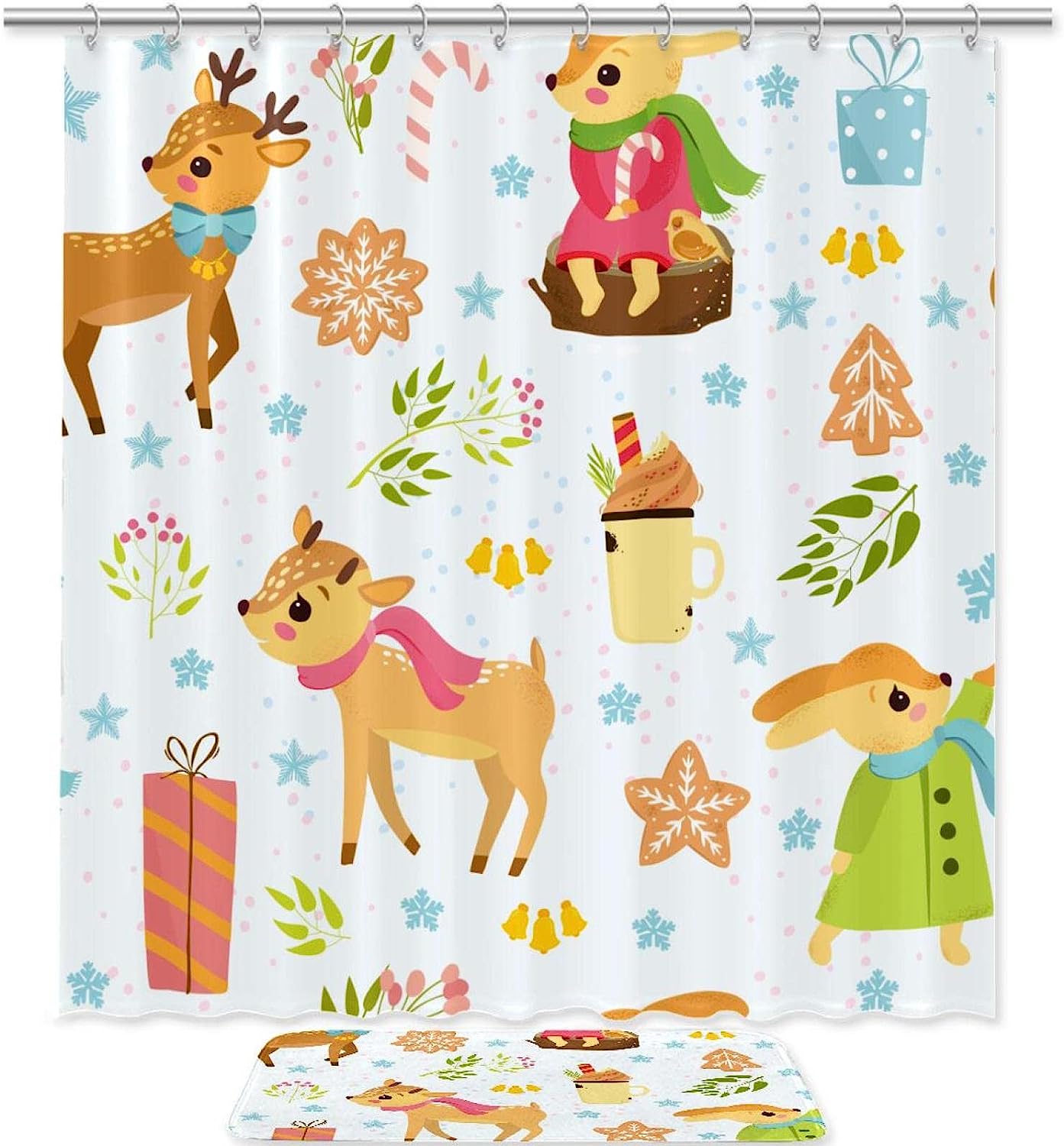 Waterproof Christmas Pattern With Deers Print Shower Curtain For Festive Bathroom Decor
