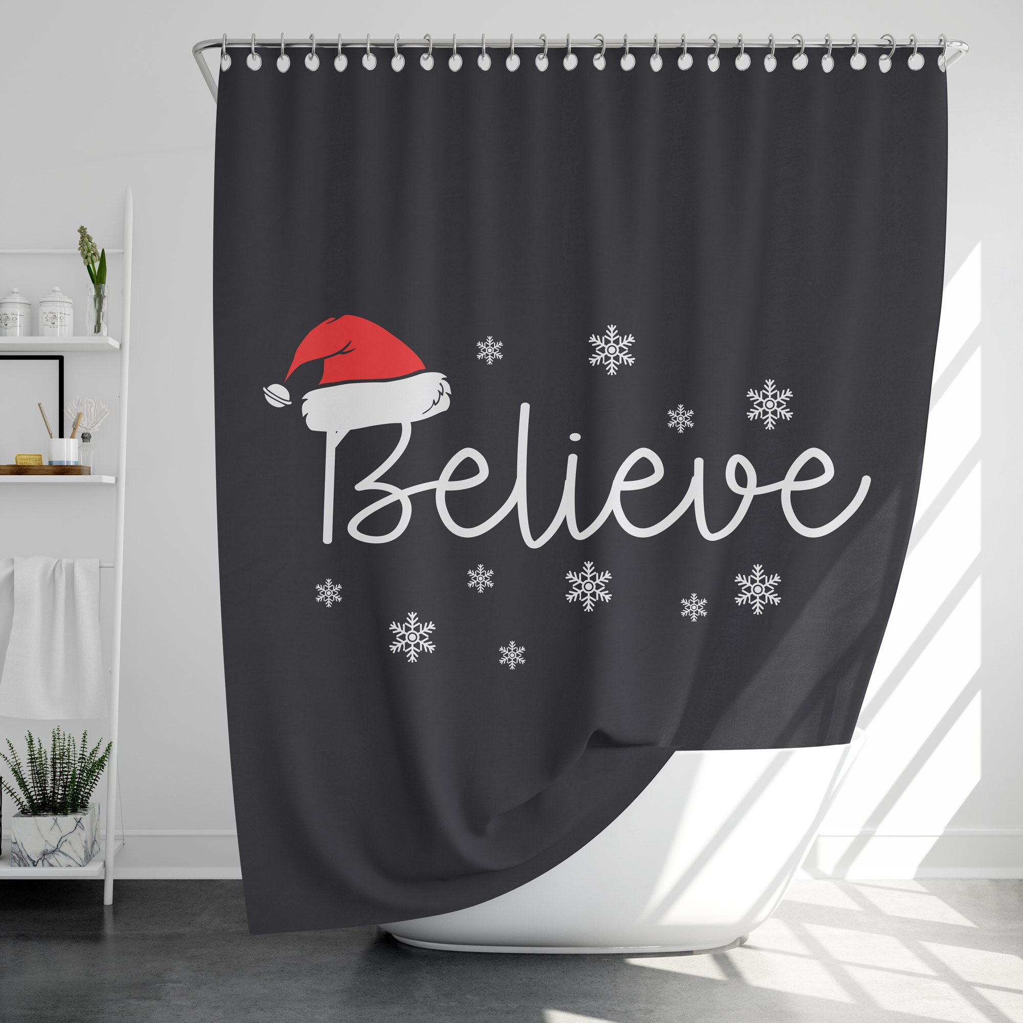 Waterproof Christmas Shower Curtain, Modern Bathroom Decor, Believe