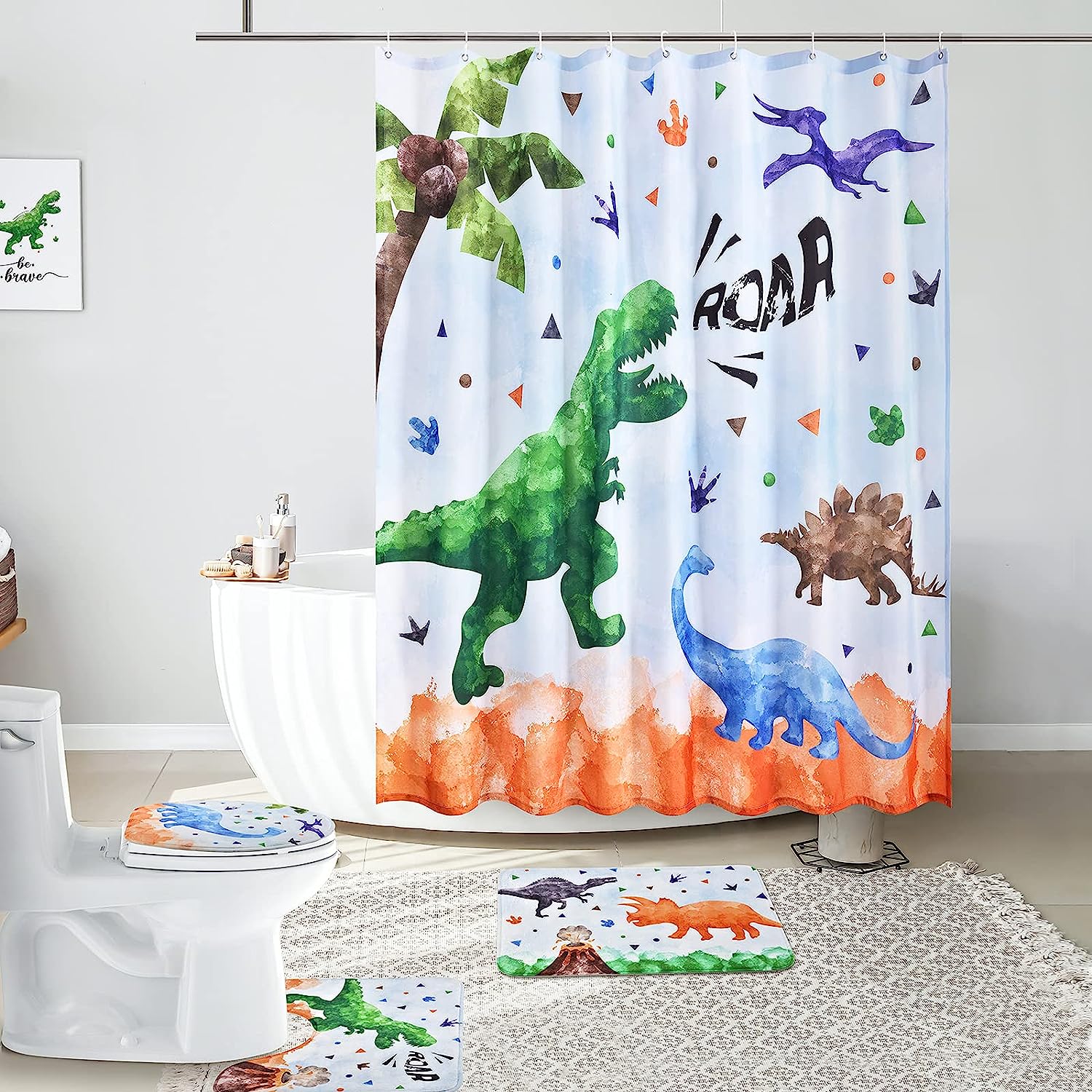 Waterproof Dinosaur Shower Curtain And Accessories For Kids' Boys' Bathroom Decor With Fun And Playful Design - Image 2