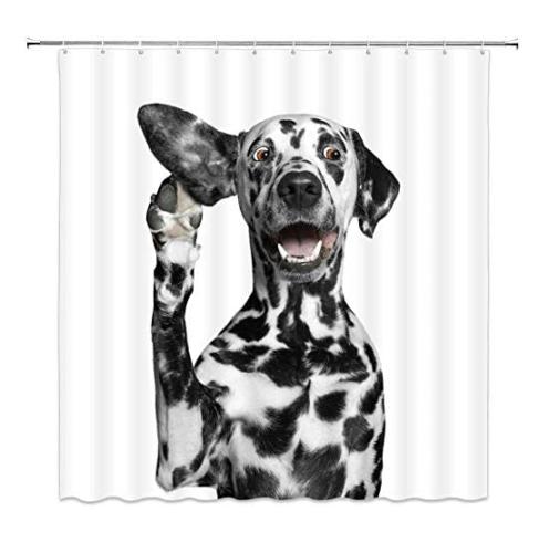 Waterproof Dog Black and White Humor Shower Fabric with 12 Hooks