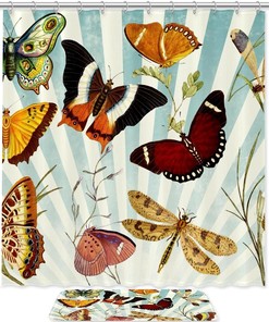 Waterproof Dragonflies And Butterflies Fabric Bathroom Curtain