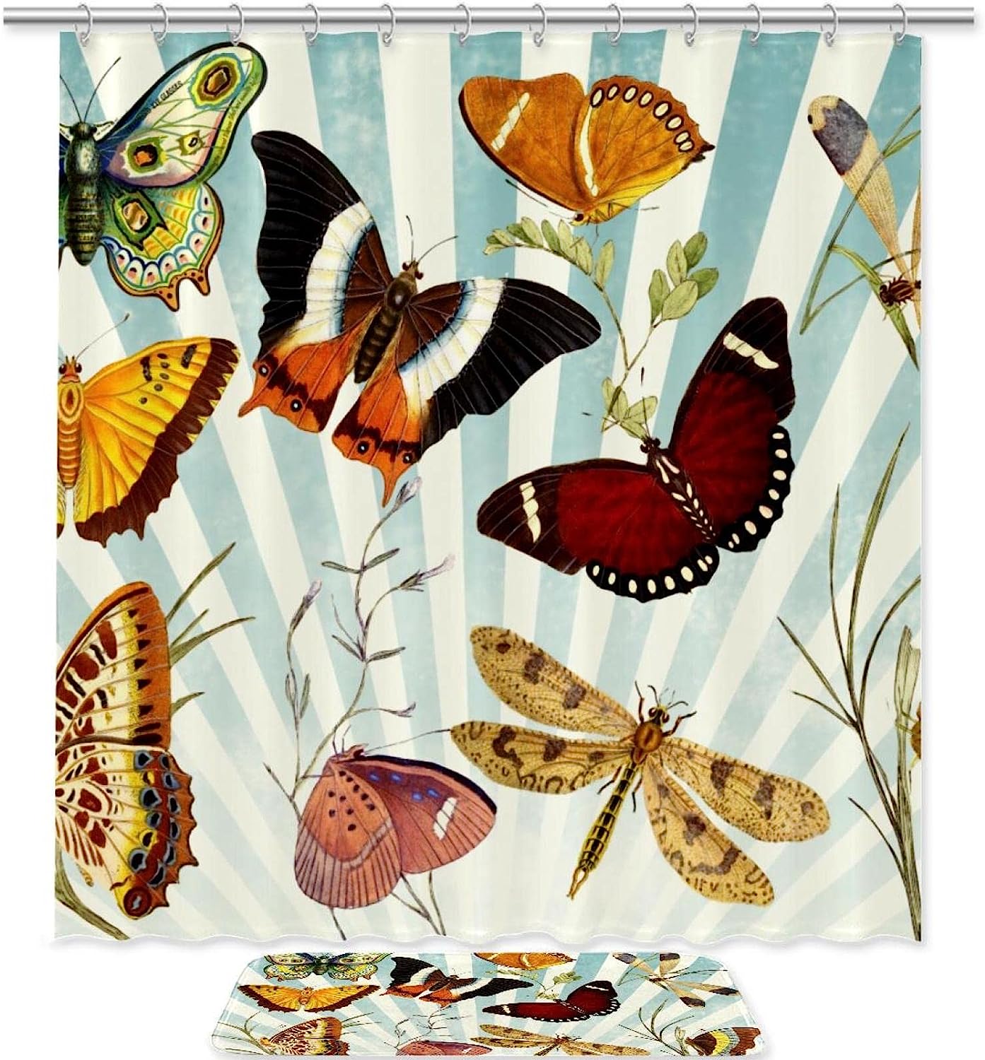 Waterproof Dragonflies And Butterflies Fabric Bathroom Curtain