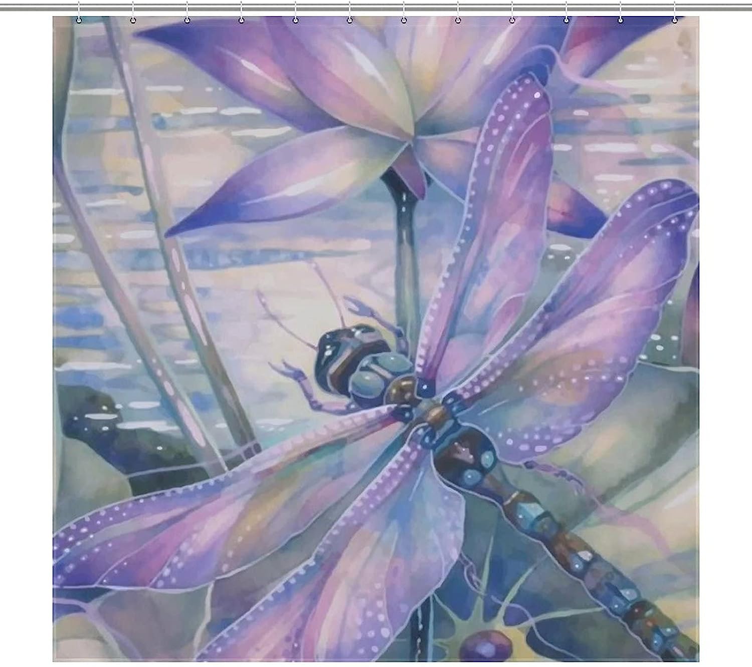 Waterproof Dragonfly And Lotus Shower Curtain For Bathroom Decoration