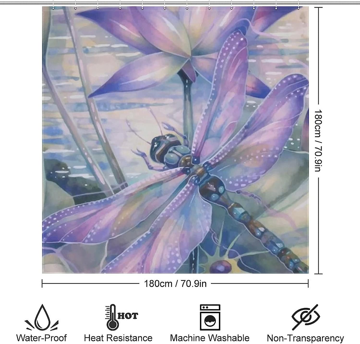 Waterproof Dragonfly And Lotus Shower Curtain For Bathroom Decoration - Image 2