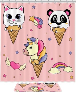 Waterproof Fabric Bathroom Curtain with Cute Panda, Cat, and Unicorn Design 