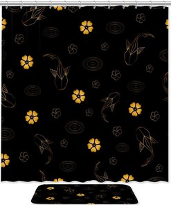 Waterproof Fabric Bathroom Shower Curtain with Koi Fish Circles Water Flowers Pattern, Elegant Bath Decoration
