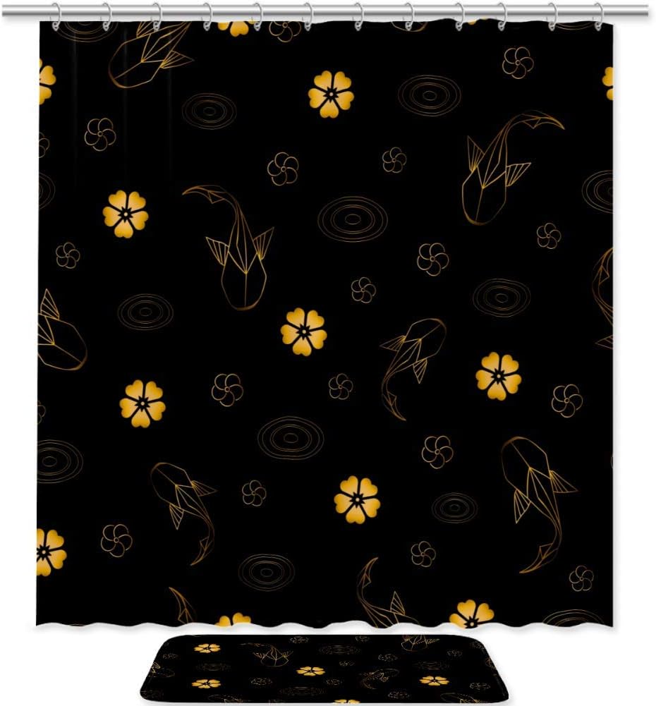 Waterproof Fabric Bathroom Shower Curtain with Koi Fish Circles Water Flowers Pattern, Elegant Bath Decoration