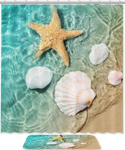 Waterproof Fabric Beach Shower Curtain With Starfish And Seashells Print For A Summer Refresh