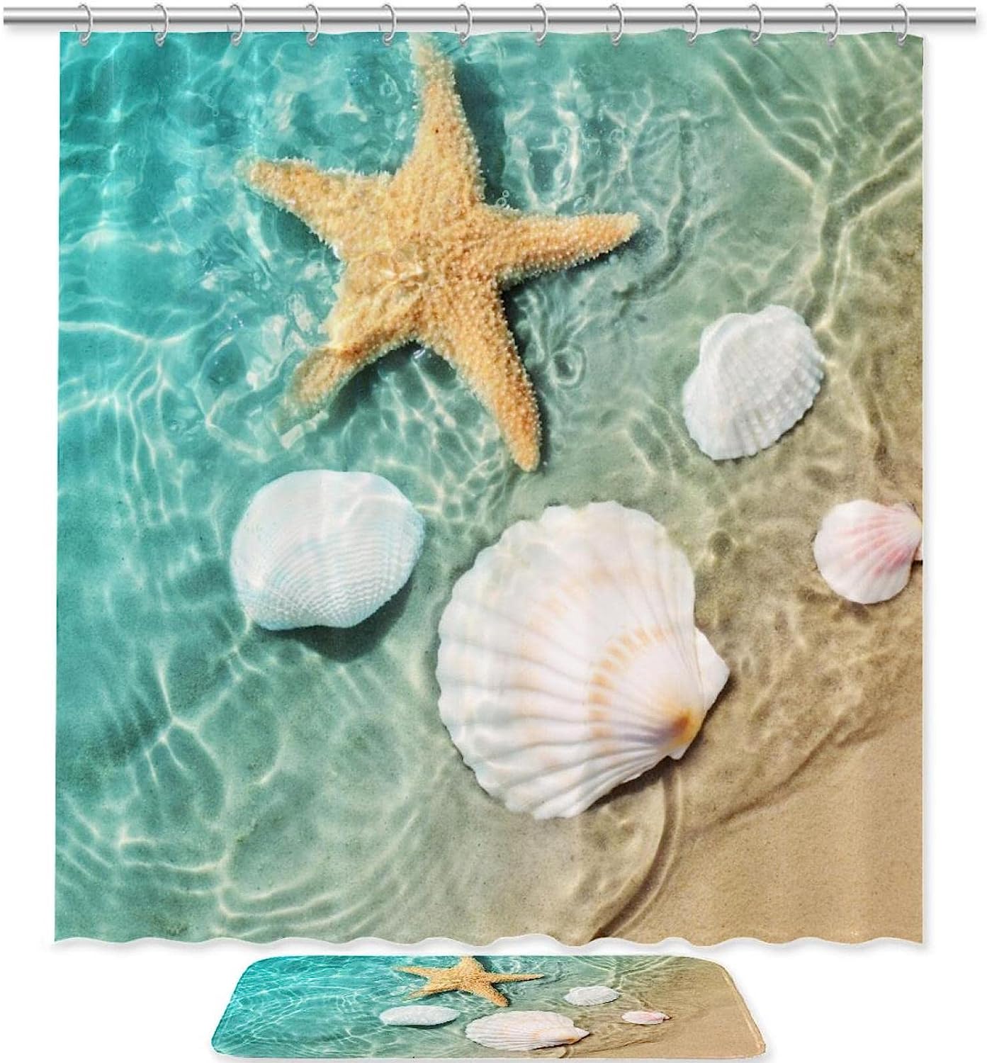 Waterproof Fabric Beach Shower Curtain With Starfish And Seashells Print For A Summer Refresh