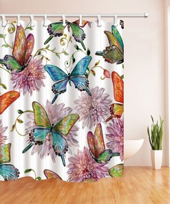 Waterproof Fabric Floral Butterfly Shower Curtain With Lovely Flowers For A Relaxing Bathroom 