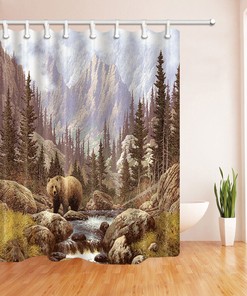 Waterproof Fabric Forest Wildlife Shower Curtain With Bear Print, Perfect For Rural Or Rustic Bathroom Decor
