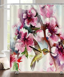 Waterproof Fabric Hummingbird and Flowers Shower Curtain for Modern Bathroom