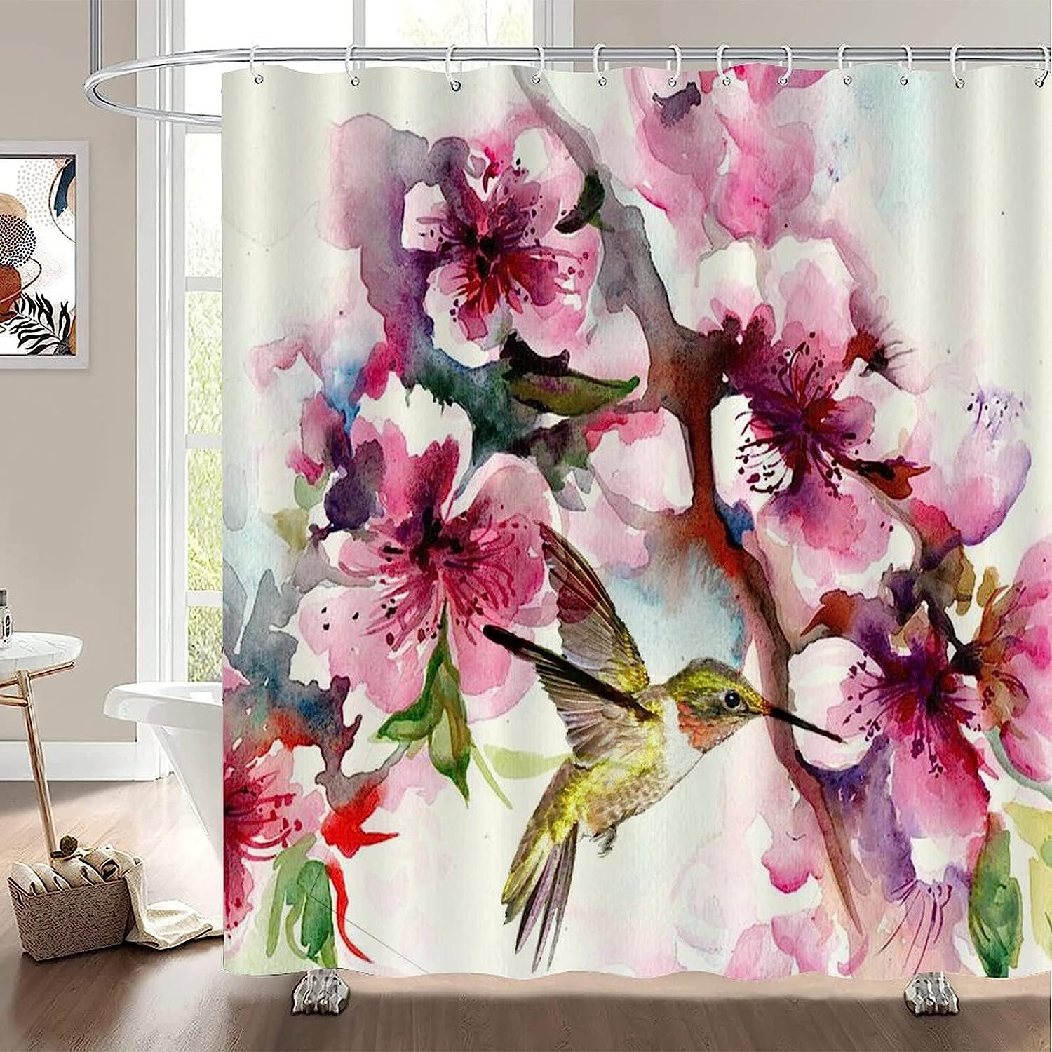 Waterproof Fabric Hummingbird and Flowers Shower Curtain for Modern Bathroom