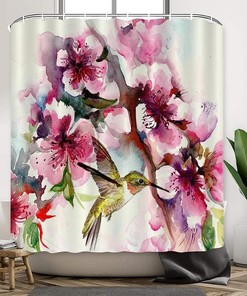 Waterproof Fabric Hummingbird and Flowers Shower Curtain for Modern Bathroom