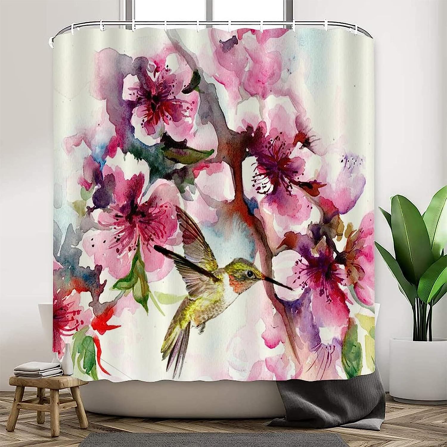 Waterproof Fabric Hummingbird and Flowers Shower Curtain for Modern Bathroom