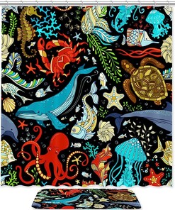 Waterproof Fabric Octopus Whale Ocean Print Shower Curtain for Bathroom