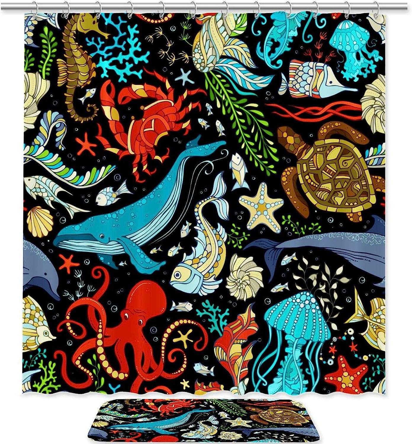 Waterproof Fabric Octopus Whale Ocean Print Shower Curtain for Bathroom
