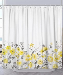 Waterproof Fabric Rustic Yellow Gray Leaves Bath Curtain with Leaf Prints for Bathroom Decor