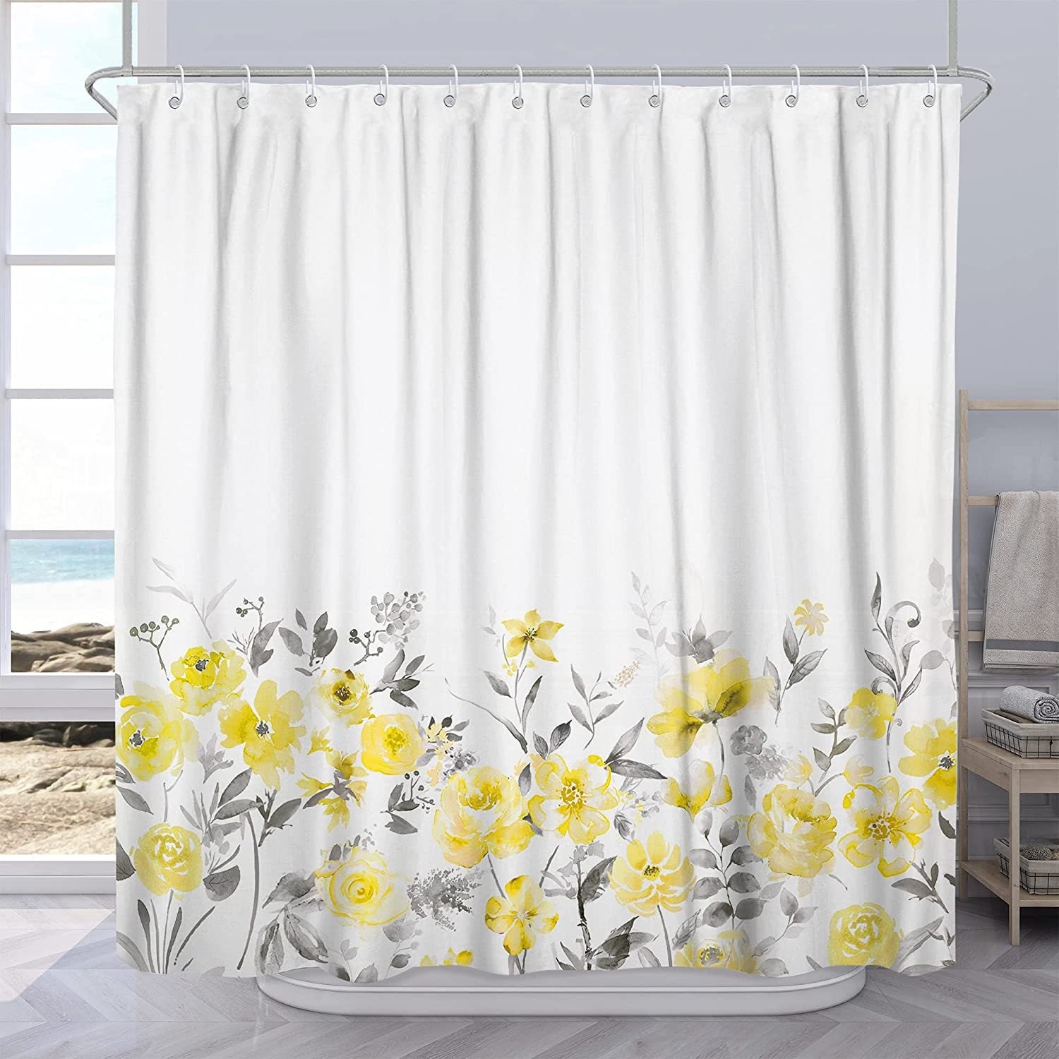 Waterproof Fabric Rustic Yellow Gray Leaves Bath Curtain with Leaf Prints for Bathroom Decor