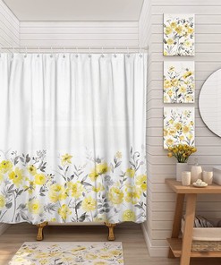 Waterproof Fabric Rustic Yellow Gray Leaves Bath Curtain with Leaf Prints for Bathroom Decor