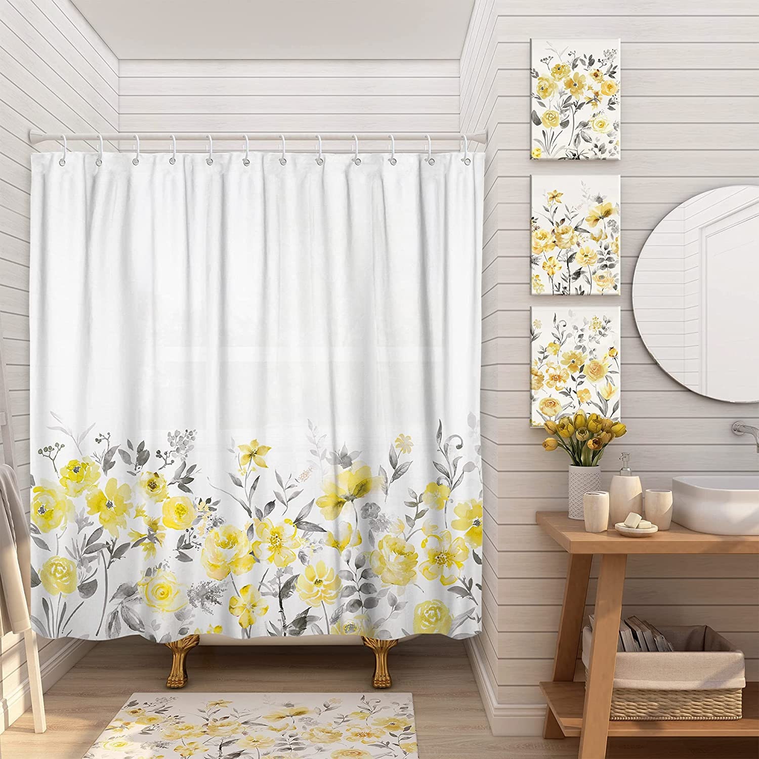 Waterproof Fabric Rustic Yellow Gray Leaves Bath Curtain with Leaf Prints for Bathroom Decor