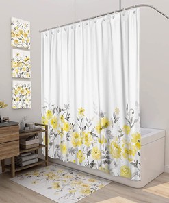 Waterproof Fabric Rustic Yellow Gray Leaves Bath Curtain with Leaf Prints for Bathroom Decor