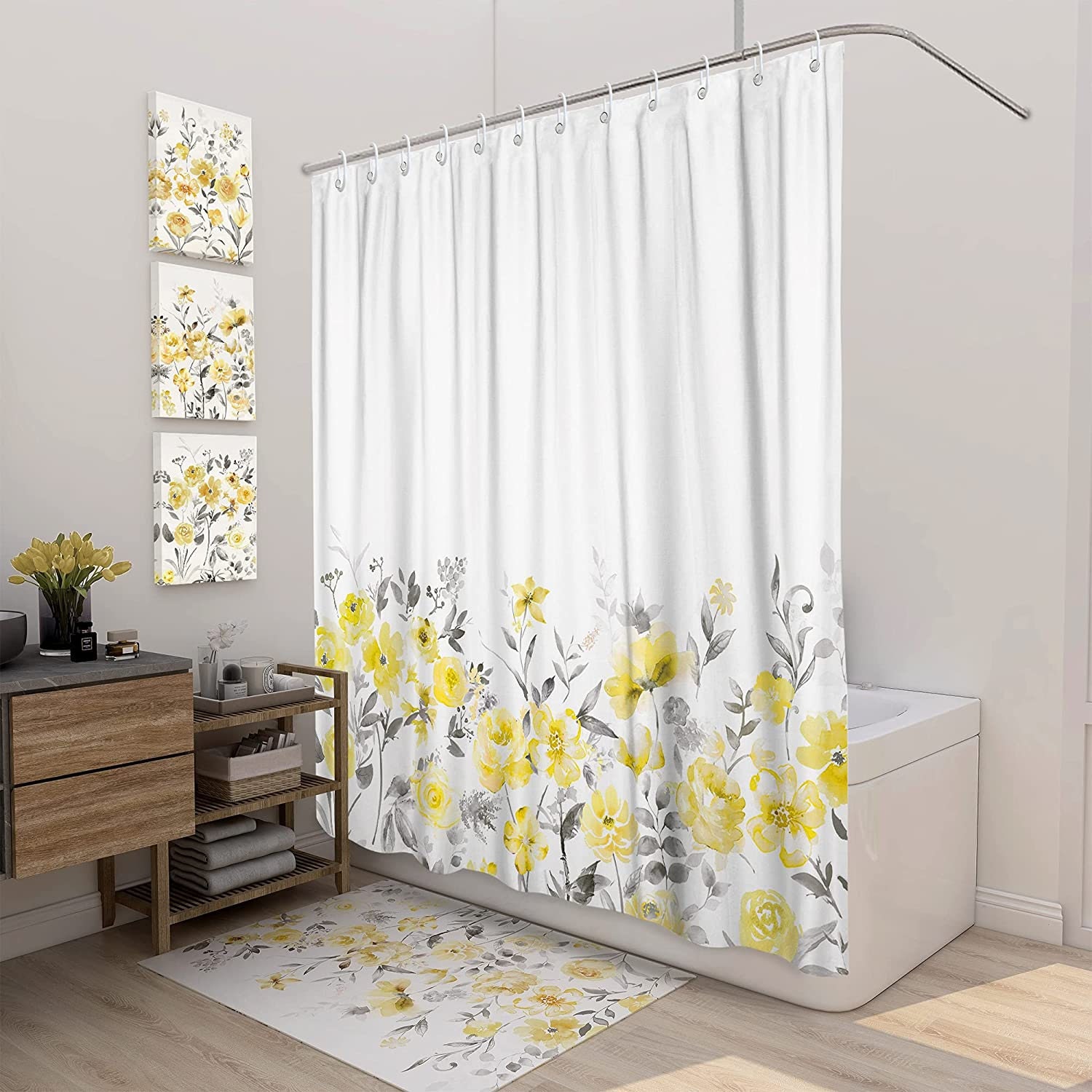 Waterproof Fabric Rustic Yellow Gray Leaves Bath Curtain with Leaf Prints for Bathroom Decor