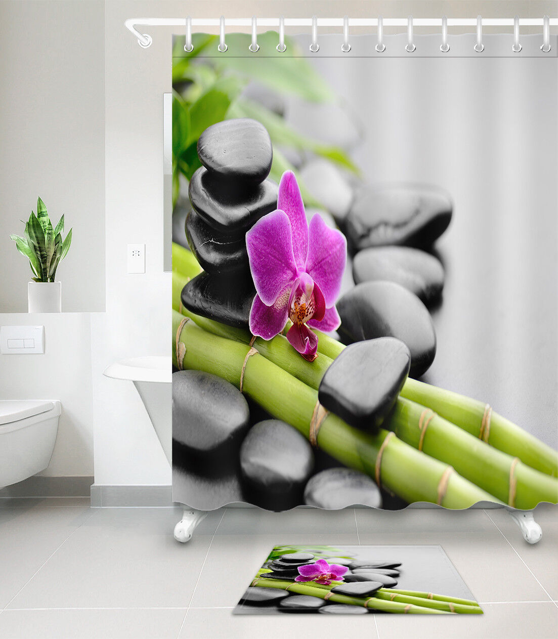 Waterproof Fabric Shower Curtain - Bamboo Orchid Spa Zen Stones Bathroom Decor