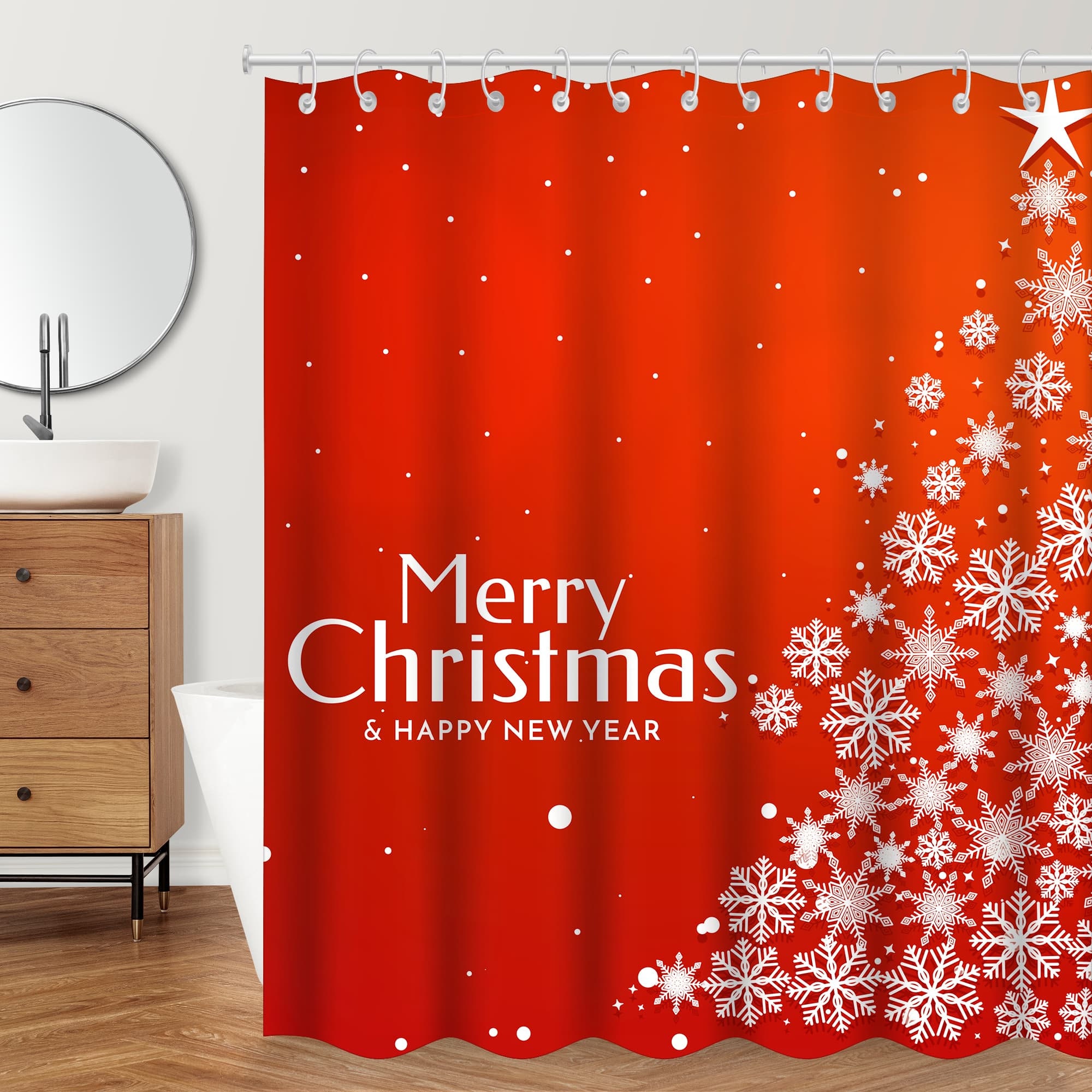 Waterproof Fabric Shower Curtain For Festive Bathroom Decor Featuring Christmas Baubles On Snowflake Print