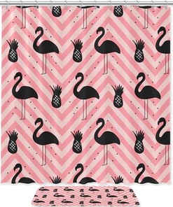 Waterproof Fabric Shower Curtain In Pink Flamingo Stripe Design, Perfect Bathroom Decor For Animal Lovers