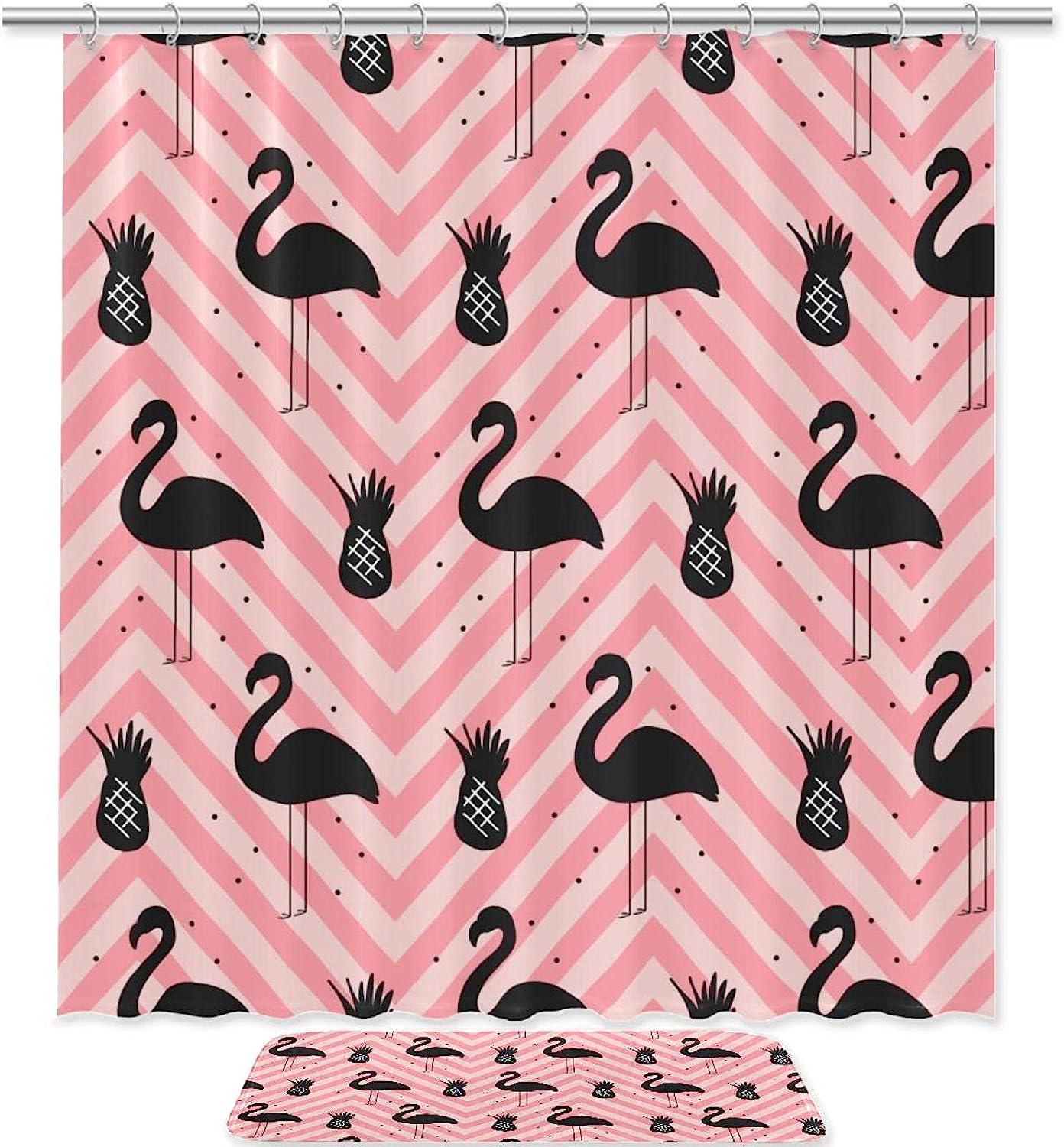 Waterproof Fabric Shower Curtain In Pink Flamingo Stripe Design, Perfect Bathroom Decor For Animal Lovers