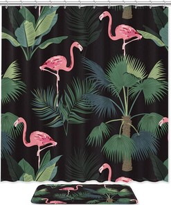 Waterproof Fabric Shower Curtain In Tropical Leaves Design With A Splash Of Pink Flamingo, Perfect Bathroom Decor